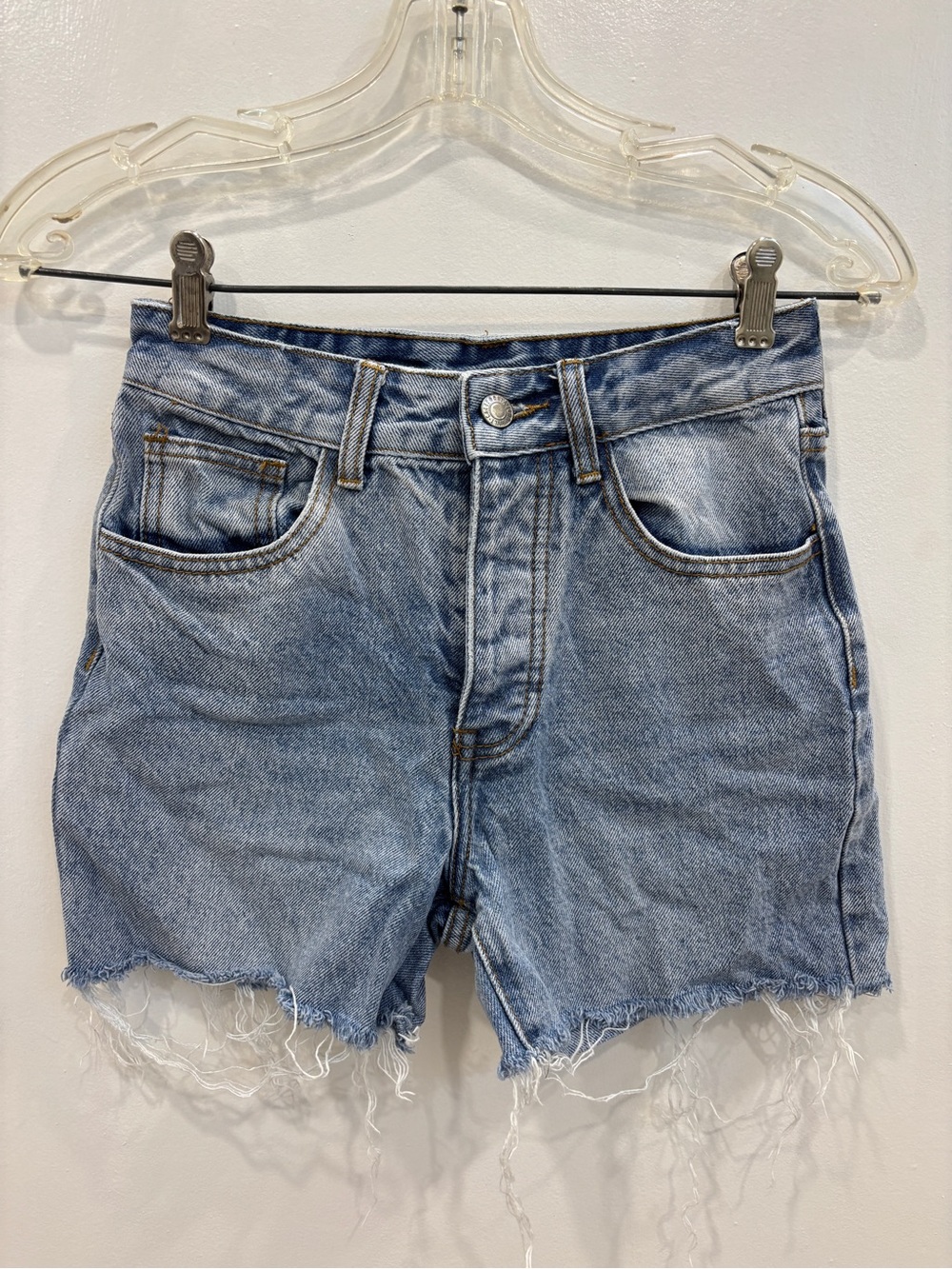 J-Galt Jean Shorts - Frayed Hem High-Rise Denim Shorts - Light Blue
